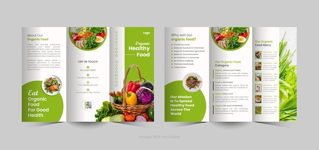 Vektor entwurf einer dreifachen broschüre für bio-gesundheitsgeschäfte, muster für eine dreifache brochure für grüne lebensmittel