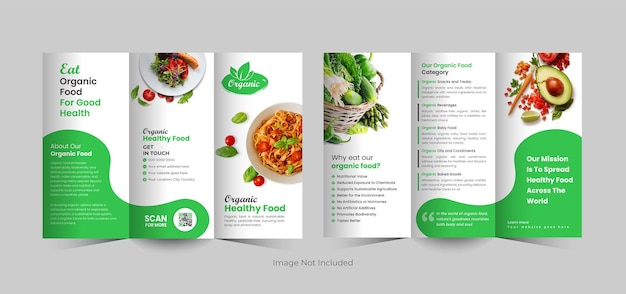 Vektor entwurf einer dreifachen broschüre für bio-gesundheitslebensmittelgeschäfte, muster für eine dreifache brochure für grüne lebensmittel