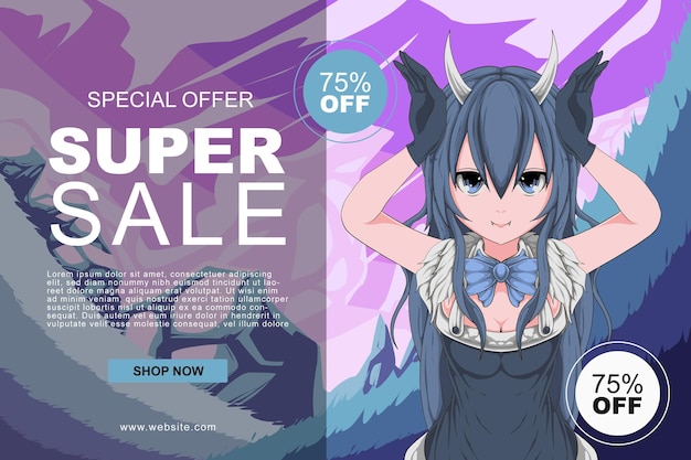 Vektor entwurfsvorlage für super-sale-bannern für anime