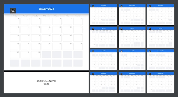 Entwurfsvorlage für Tischkalender mit blauem Kalender 2023