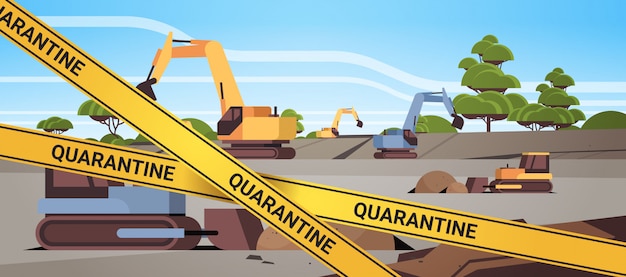 Epidemie MERS-CoV Quarantäne Vorsicht auf gelbem Warnband Tagebau Steinbruch mit Bulldozern Coronavirus-Infektion wuhan 2019-nCoV Pandemie Gesundheitsrisiko Konzept horizontal
