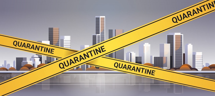 Vektor epidemie mers-cov quarantäne vorsicht auf gelbem warnband über moderne stadtgebäude coronavirus-infektion wuhan 2019-ncov pandemie gesundheitsrisiko konzept stadtbild hintergrund horizontal