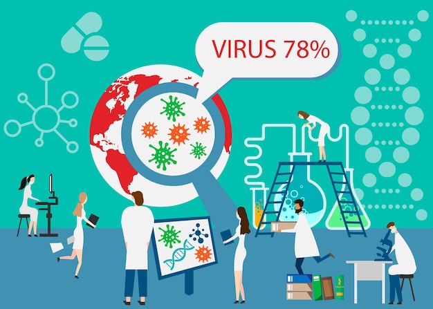 Epidemiologie Labor für die Ausbreitung von Gesundheitsgefahren, winzige Bakterien, Pandemie-Ausbruchsforschung, Vektorillustration