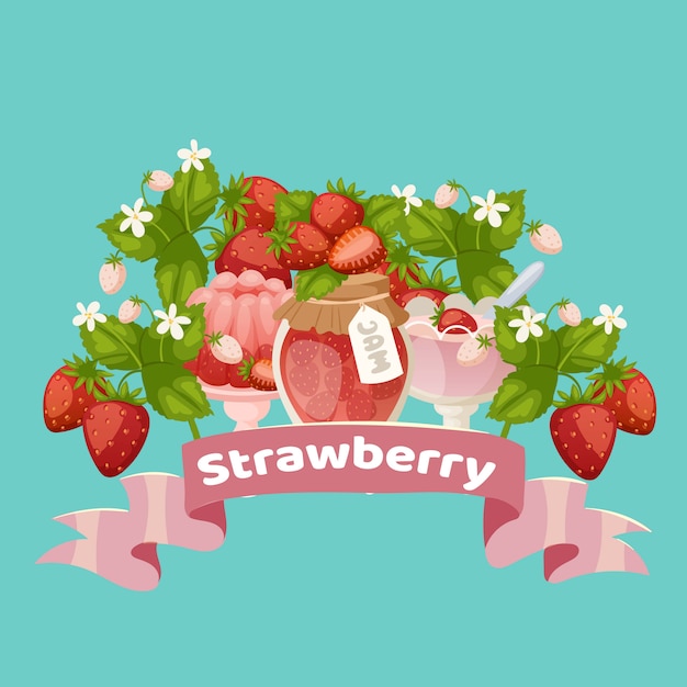 Erdbeer süße Desserts mit Marmelade, Kuchen, frischen Beeren und Saft mit rosa Band Cartoon Vektor-Illustration.