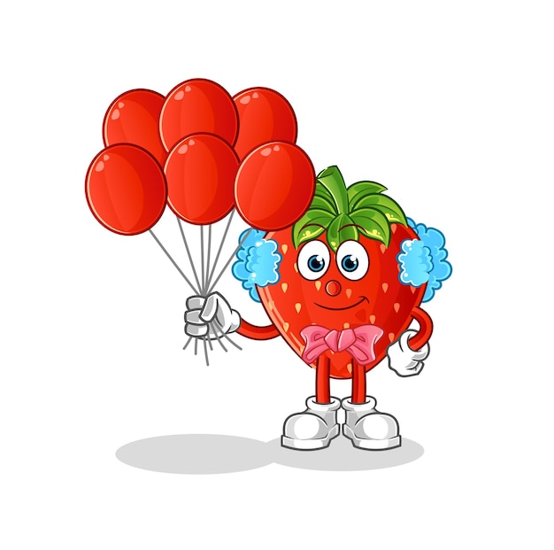 Erdbeerclown mit ballonvektor. zeichentrickfigur