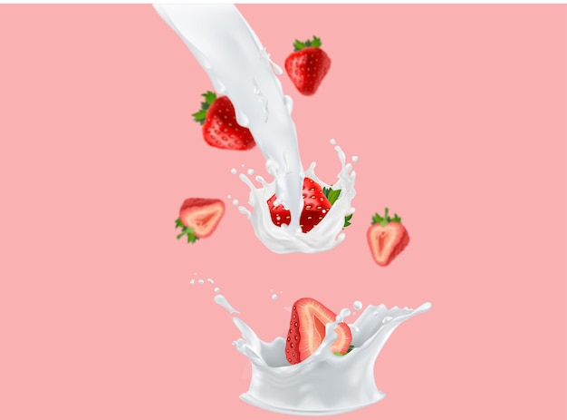 Vektor erdbeere in milchspritz mit rosa hintergrundillustration