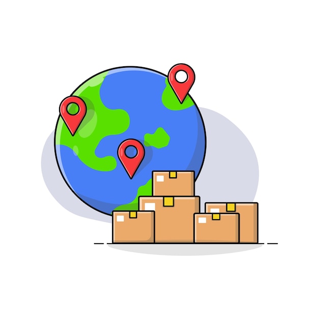 Erde mit Kisten und Standortzeichen Illustration Worldwide Shipping Concept Design