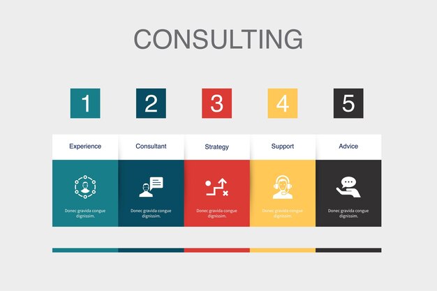 Vektor erfahrungsberater strategieunterstützung beratungssymbole infografik-designvorlage kreatives konzept mit 5 schritten