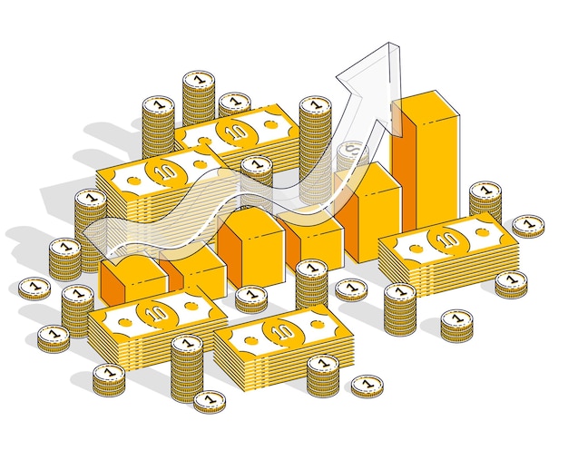 Vektor erfolgs- und einkommenskonzept, wachstumsdiagramm-statistikleiste mit bargeldstapel isoliert auf weißem hintergrund. vektor isometrische 3d-geschäfts- und finanzillustration, design mit dünner linie.