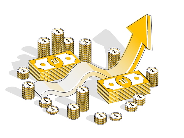 Erfolgs- und einkommenssteigerungskonzept, wachstumsdiagramm-statistikleiste mit bargeldstapel isoliert auf weißem hintergrund. vector isometrische 3d-geschäfts- und finanzillustration, dünnes liniendesign.