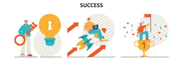 Vektor erfolgskonzept gesetzt im wettbewerb gewinnen und belohnung oder preis erhalten