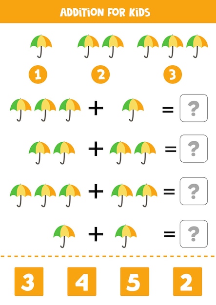 Ergänzung mit buntem regenschirm. pädagogisches mathe-spiel für kinder.