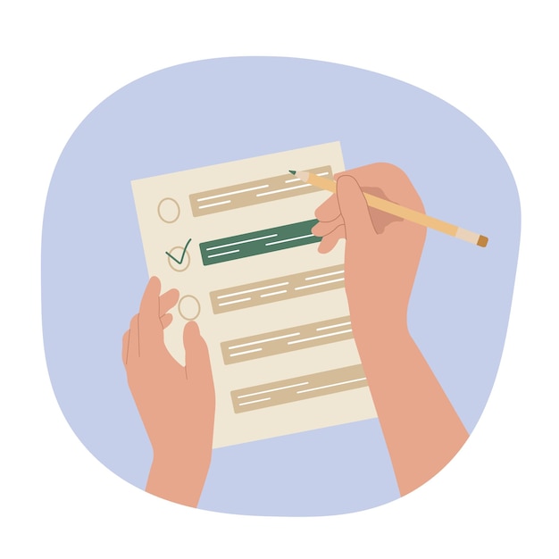 Erhobene Hände halten einen Bleistift und wählen die richtige Antwort aus der Checkliste