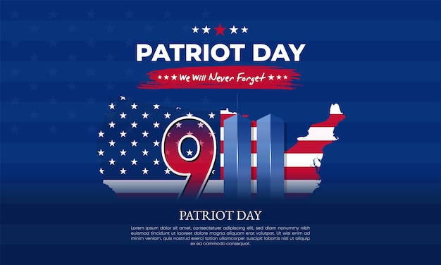 Erinnerung an den 9. und 11. September, Patriot Day, 11. September, vergiss niemals die 911 Twin Towers der USA auf amerikanischer Flagge, World Trade Center Nine Eleven, Vektordesign-Vorlage mit roten, weißen und blauen Farben
