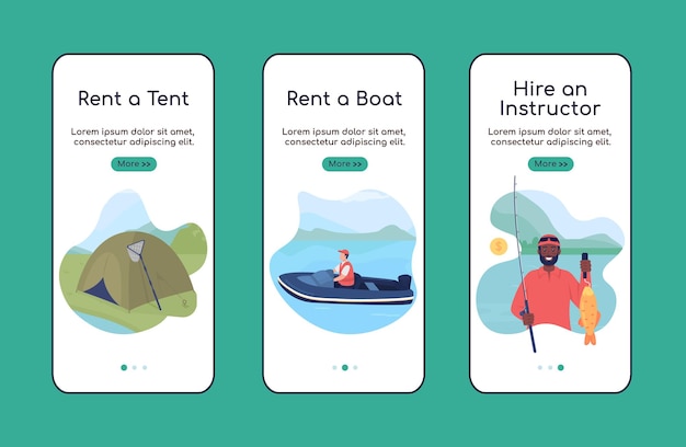 Erlernen des fischens beim onboarding der flachen vektorvorlage für den bildschirm der mobilen app. hobby-aktivität. walkthrough-website 3 schritte mit charakteren. creative ux, ui, gui smartphone-cartoon-schnittstelle, falldrucke-set