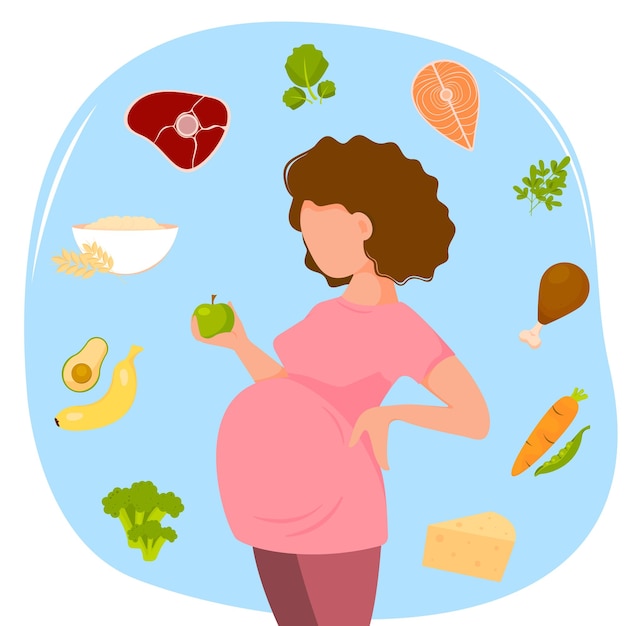 Ernährung der schwangeren frau ernährung für schwangere frau ernährung während der schwangerschaft vektor-illustration