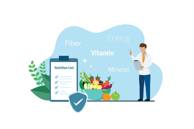 Vektor ernährungsarzt mit gesunden pflanzlichen lebensmitteln und diätkontrollplan.