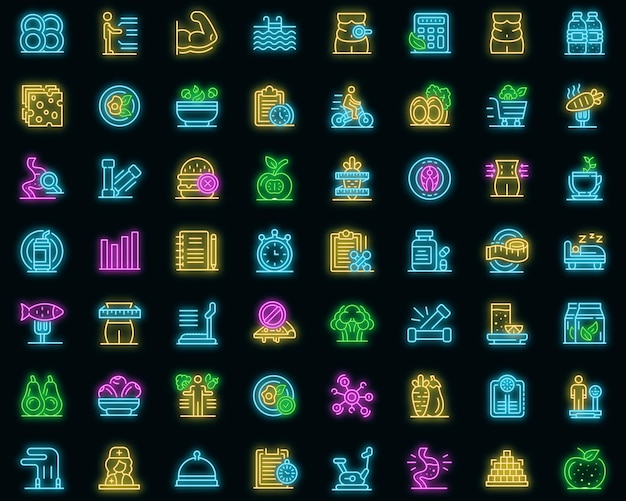 Ernährungsberater icons set. umrisse von ernährungsberatern vektorsymbolen neonfarbe auf schwarz