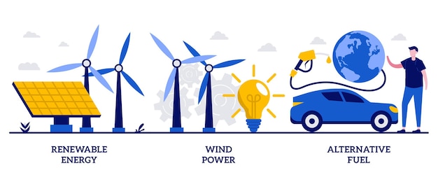 Erneuerbare Energie, Windkraft, alternatives Kraftstoffkonzept mit winzigen Menschen. Saubere Energie-Set. Sonnenkollektoren, Ökostrom, Ladestation, Glühbirne, Windpark-Metapher.