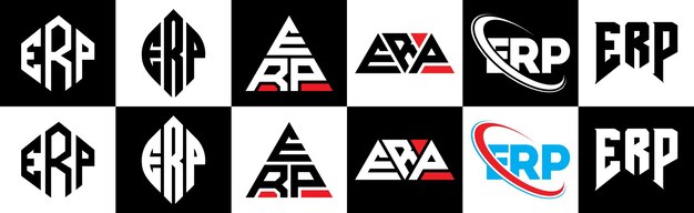 Vektor erp-buchstaben-logo-design in sechs stilen. erp-polygon-kreis-dreieck-sechseck-flacher und einfacher stil mit schwarz-weißer farbvariation. buchstaben-logo in einer zeichenfläche. erp-minimalistisches und klassisches logo