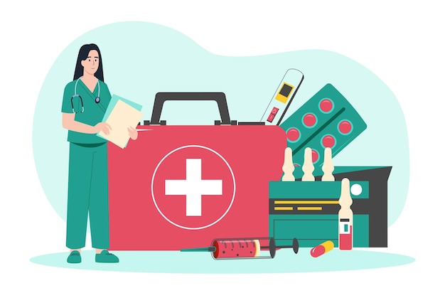 Erste-Hilfe-Kasten Kleiner glücklicher Arzt mit Pillen Notfallmedizinprodukte Gesundheitsversorgung und Medizin Ambulanzvektorkonzept