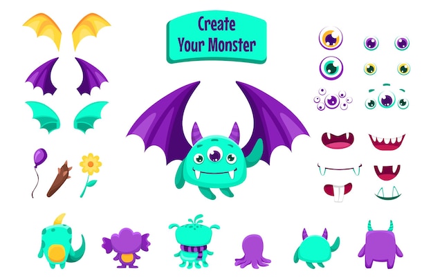 Erstelle dein Monster und sammle süße Aliens und lustige Kreaturen Set zur Erstellung von Zeichentrickfiguren