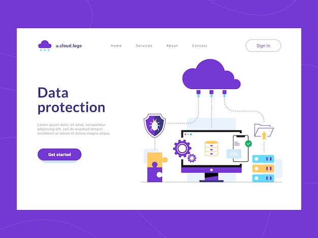 Erster bildschirm der datenschutz-landingpage. cloud-lösung zum schutz der unternehmensdatenbank vor undichtigkeiten und unbefugtem zugriff. sicherheit vor netzwerkschwachstellen. cyber greift die verteidigung sensibler daten an