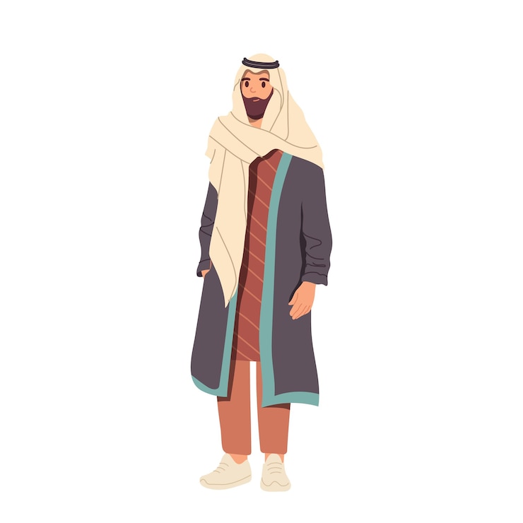 Vektor erwachsene arabische cartoonfigur mit traditionellem turban, ethnischem accessoire, robe und hosenanzug