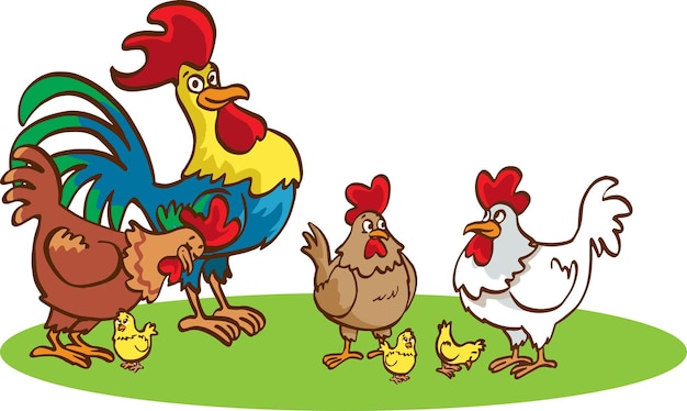 Erwachsene Henne und Hahn mit Hühnern auf weißem Hintergrund. Nette Hühnerfamilie mit ihren Hühnern i