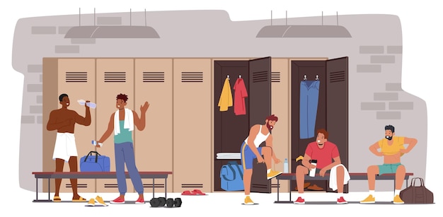 Erwachsene Sportler in der Umkleidekabine des Sports Männliche Charaktere wechseln die Kleidung nach dem Training oder Training im Fitnessstudio