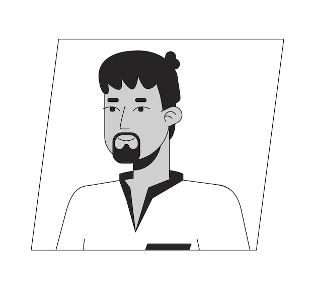 Erwachsener indischer Mann mit schwarzem Bart, schwarz-weißes Cartoon-Avatar-Symbol, editierbares 2D-Charakter-Benutzerporträt, lineare flache Illustration, Vektor-Gesichtsprofil, Umriss von Kopf und Schultern einer Person