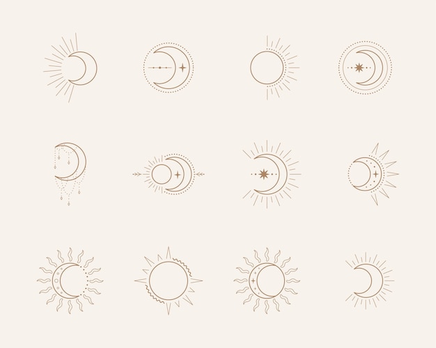 Esoterische symbole mit mond und sonne. der himmel singt. illustration im boho-stil