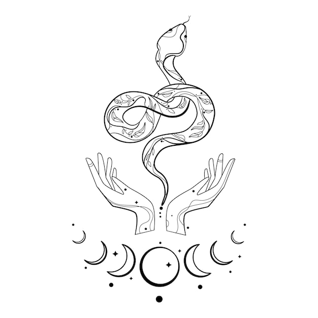 Esoterische und astrologische Konzept Schlange und Hände mit Halbmond Vektor