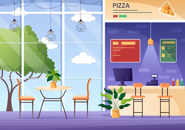 Essen im Food Court inmitten eines Einkaufszentrums, das Fast Food in Illustration serviert