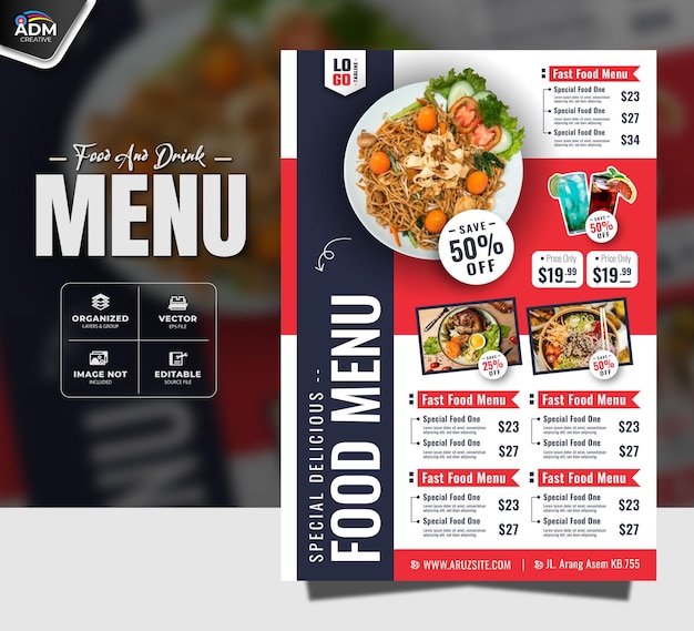 Essen-Menü-Vorlage und Vintage-Fastfood-Menü für Restaurants