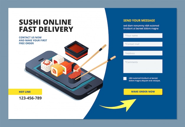 Essenslandung. sushi meeresfrüchte online-restaurant menü bestellung website formular layout mobile app vorlage