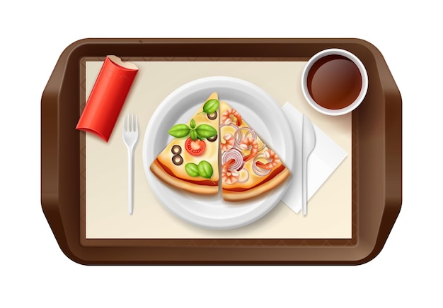 Essenstablett serviert mit teller mit zwei pizzastücken, tee und kuchen