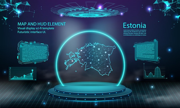 Estland karte licht verbindungseffekt hintergrund abstrakt digitale technologie ui gui gui futuristisch hud virtuelle schnittstelle mit estland karte futuristisches podium der bühne im nebel