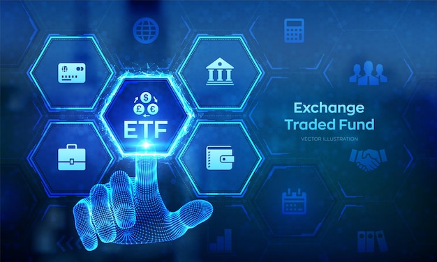 ETF Exchange Traded Fund Börsenhandel Investment Finanzkonzept auf virtuellem Bildschirm Börsenindexfonds Unternehmenswachstum Wireframe Hand berühren digitale Schnittstelle Vektor-Illustration