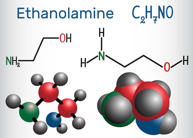 Ethanolamin ETA oder MEA-Molekül Es ist ein primäres Amin und ein primärer Alkohol Strukturchemische Formel und Molekülmodell