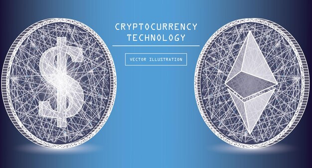 Vektor ethereum digitale währungsvektorsymbole und -symbole. kryptowährungs-tokenmünzen mit ethereum- und dollarsymbolen. peer-to-peer-netzwerk digitales zahlungssystem. blockchain-konzept.