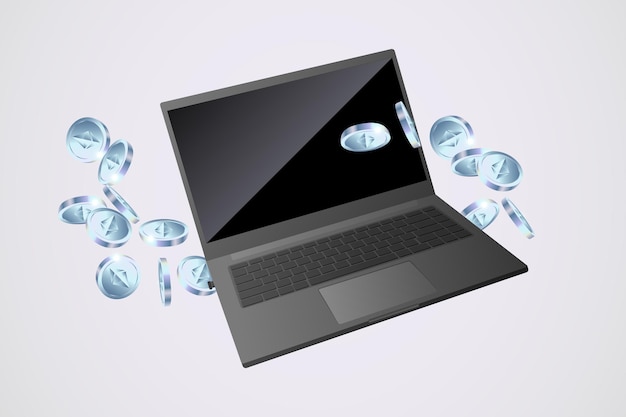 Ethereums-Münzen fliegen neben Laptop auf grauem Hintergrund