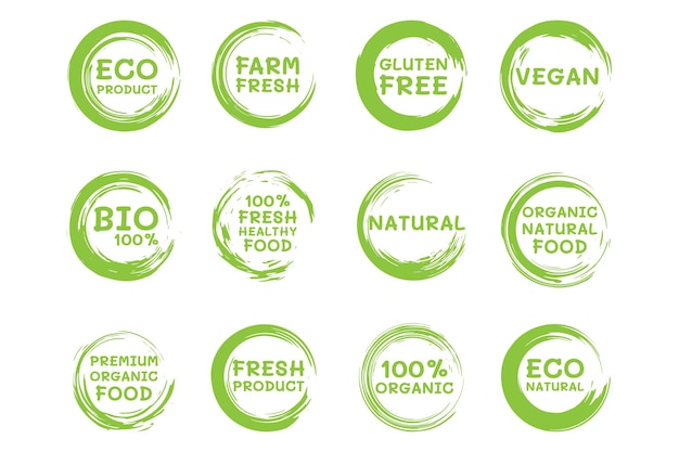 Etiketten für bio-lebensmittel. frische vegetarische produkte und gesunde lebensmittelabzeichen. logo, veganer diätaufkleber oder ökologischer produktstempel. öko-grünes konzept. vektor-illustration