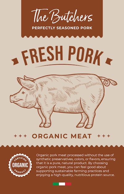 Vektor etikettendesign für bio-schweinefleisch