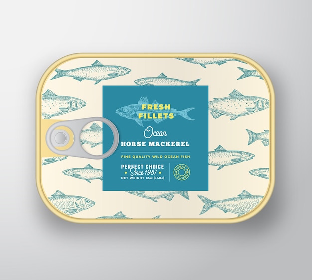 Etikettenvorlage für fischkonserven abstrakter vektor-aluminiumbehälter mit etikettenabdeckung verpackungsdesign moderne typografie und handgezeichnete stöcker-silhouette-hintergrund-layout