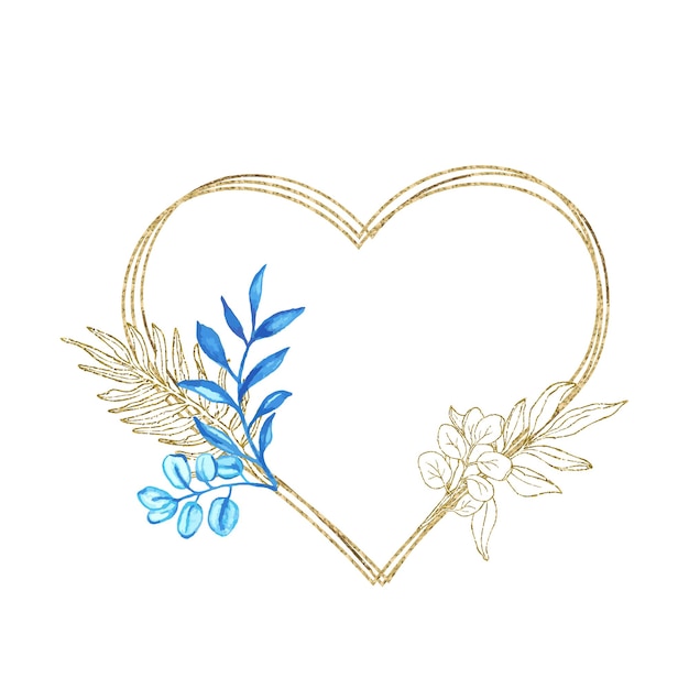 Eukalyptus-linienkunst goldglitzer und blaue aquarelle blätter herzen rahmen für karte oder einladung vektor für valentinstag illustration isolieren auf weißem hintergrund