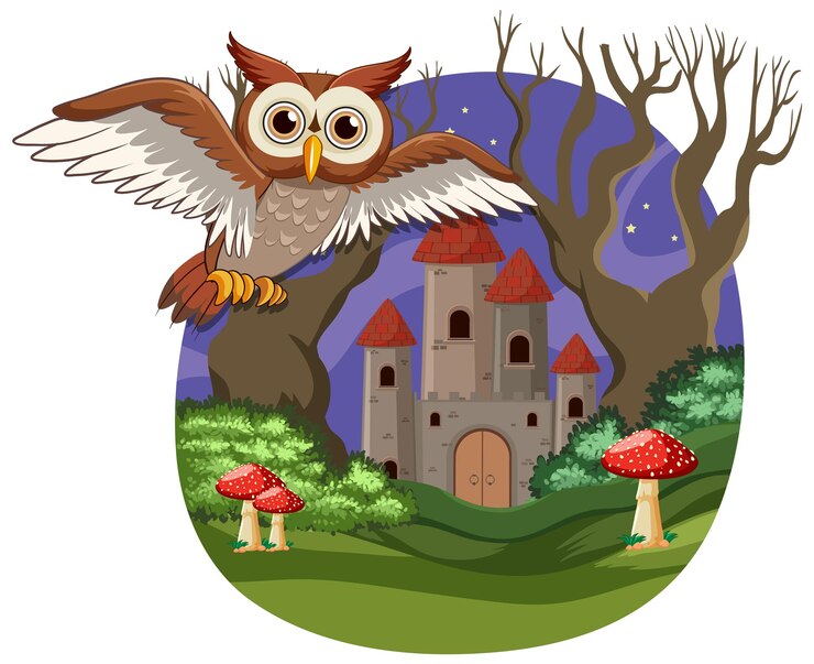 Vektor eule und schloss bei nacht