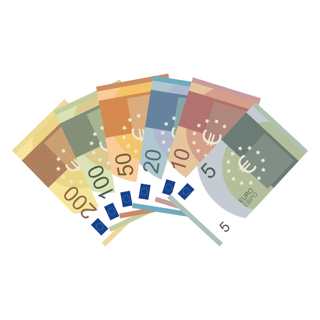 Euro-Banknotensatz Fünf zehn zwanzig fünfzig einhundertzweihundert Euro Vektorillustration