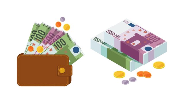 Vektor euro-geld-banknoten und -münzen geld-banknoten in brieftasche und in bündeln gefaltet