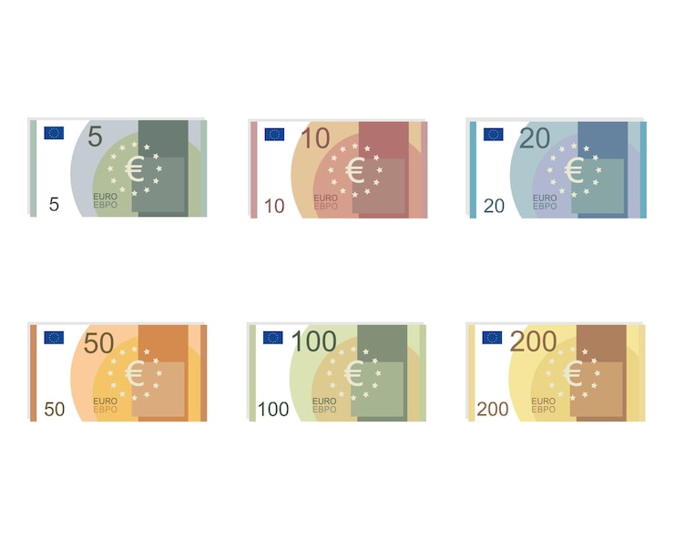 Vektor euro-geld euro-banknoten flach und minimalistischer papiergeld-vektor in einheitsgröße